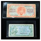 US Military Payment Certificates, Series 611, 5 Dollars And 10 Cents Paper Notes, Qty. 2