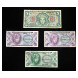 US Military Payment Certificates, Series 641, 5 Dollars Qty. 1 And 5 Cents Qty. 3, Total Qty. 4 Pape