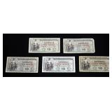 10 Cents, US Military Payment Certificates, Series 481, Qty 5