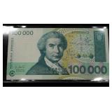 Croatian Paper Money, Banconota Croazia100,000 STO TISUCA HRVATSKIH DINARA, REPUBLIKA HRVATSKA