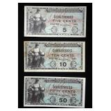 5, 10 And 25 Cents US Military Payment Certificates, Series 481, Qty. 3