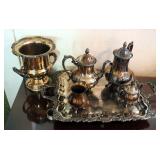 Silver Plate Tea Service Set Including Pitchers, Cream And Sugar, Tray And Champagne Bucket