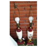 Hand Painted Victorian Matching Table Lamps, 27" Tall, With New Shades