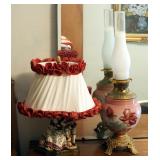 Hand Painted Porcelain Oil Lamp, 26" Tall And Hand Painted Porcelain Vanity Lamp