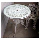 Cast Iron Round Pedestal Table With Glass Top, 28" x 28" Round And Cast Iron Chair, 27" Tall