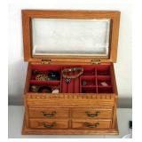 Wood, Felt Lined 2 Drawer Jewelry Box With Lid Includes Costume Jewelry