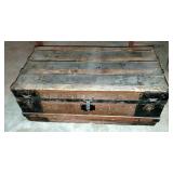Antique Travel Trunk With Leather Handles, 14.5" x 36" x 19" And Metal Accents
