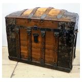 Antique Camelback Trunk, Locking Lid Hinge, Leather Side Handles, Metal Protective Edges, 29"H x 34.