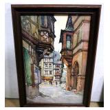 Framed Hand Colored Print Of 19th Century Town, Water Color European Street And Print Of Landscape S