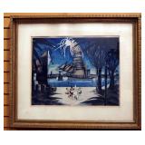 "Celebration" Image Of Ship In Harbor With Fireworks And Dancing People Framed Matted Under Glass, 3
