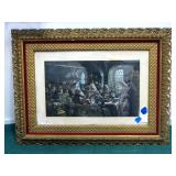 Hand Colored Image Of Renaissance Dinner Party, Matted, Framed Under Glass 49" W x 37" H Water Marks