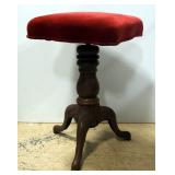 Antique Tonk Piano Stool, Spins To Adjust Height, Wood Pedestal, Cast Iron Feet, Velvet Padded Seat,