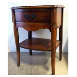 Wood Side Table With Single Drawer And Lower Shelf, Carved Wood Accents, Dovetail Construction, Bras