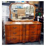 6 Drawer Dresser With Mirror, Serpentine Front, Brass Pulls, Faux Lock, Matches Lot 81, 35" H x 60" 