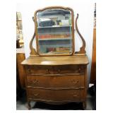 Antique Dresser With Beveled Mirror, 4 Drawers, Serpentine Front, Brass Pulls, 33" H x 41" W x 21.5"