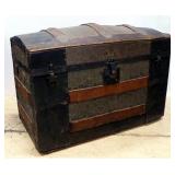 Antique Camelback Trunk, Paper-Lined Interior, Wood Tray Insert, Embossed Metal Exterior, 21"H x 28.