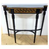 Wood Entry Table With Curved Ends, Gold Tone Greek Key Motif And Single Drawer, Dovetail Constructio