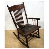 Antique Childs Rocking Chair With Carved Wood Headrest And Leather Seat With Brass Buttons, 27.5"H