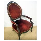 Antique Victorian Style Parlor Armchair With Upholstered Back, Seat And Armrests, Carved Wood, 39.5"