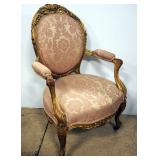 Carved Wood Armchair With Upholstered Back, Seat And Armrests, Gold Toned Wood, Caster Wheels On Fro