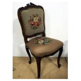 Wood Chair With Floral Needlepoint Padded Back And Seat, Brass Button Accents, Carved Wood, 36.5"H