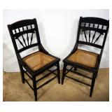 Pair Of Primitive Wood Chairs With Hand-Woven Cane Seats And Turned-Wood Backs, 34.5"H
