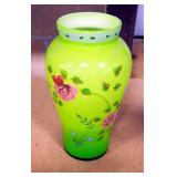 Hand-Painted Bristol Vase With Floral Design, 12"H