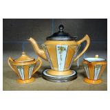Royal-Rochester Hand Painted Ceramic Teapot With Attached Strainer, Matching China Warming Tray, Cre