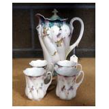 R S Prussia China Tea Set, Includes Tea Pot And 4 Tea Cups, Floral Design With Hand Painted Gold Tri