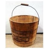Antique Wood Bucket With Oliver-Finnie Co. Silver Moon Fresh Salted Peanuts Label, Wire Handle, 12" 