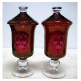 Pair Of Stemmed Glass Apothecary Jars With Red Coloring, Cut Glass Designs Of Birds, and Hearts In W