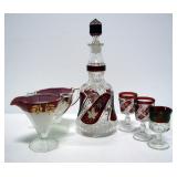 Glass Decanter With Decorative Red Floral Design, 2 Matching Stemmed Cups, Red And Gold Sugar And Cr