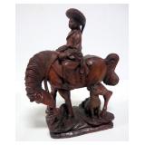 Carved Wood Statuette of Oriental Woman On Horseback With Lamb And Dog, 16" High