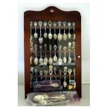 Souvenir Spoon Collection In Wood Case With Clear Glass Front, Including Yellowstone, Hawaii, Apollo