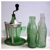Vintage Metal Juicer With Green Glass Measuring Cup And Vintage Coke, Soda Water, Smile Bottles And 