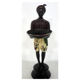 Two Sand Style Statuettes Of Faces, 7" H, And Statuette Of Woman Holding Bowl, 10.5" H