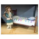 Mizell Bisque Doll In Victorian Clothing, 17" H, On Stand, And Wood Framed Bed, 17"H H x 23.5" Long 