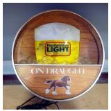 Budweiser Light Faux Barrel Head Lit Sign, 16.6" Diameter x 5" D