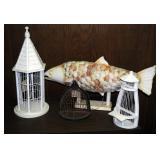 Long Shell Lighted Fish Lamp, Wood/Wire Decorative Bird Houses, Total Qty 4