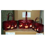 Oval Split Bamboo Baskets With Cross Handles, Cranberry Red With Santa, Star And Moon Faces, Sets Of