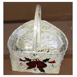 Rectangular Split Bamboo Boat Basket With Handles, White Washed With Bell And Holly Motif, Sets of 2