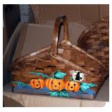 Split Bamboo Boat Basket With Cross Handles, Stained Finish, With Halloween Motif, Sets Of 3, Qty 45