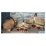 Split Bamboo Boat Basket With Cross Handles, Natural Finish With Poinsettia And Gold Lattice Design,