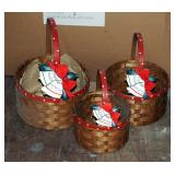 Round Split Bamboo Baskets With Handles, Tan Finish With Double Bell Motif, Sets Of 3, Qty 6 Sets