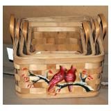 Square Split Wood Baskets With Ear Handles, Cardinal Bird Design, Sets of 3, Qty 60 Sets