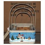Square Split Wood Cross Handled Baskets With Skating Snowman Design, Sets of 3, Qty 65 Sets