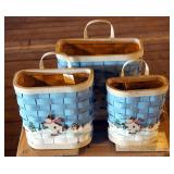 Deep Rectangular Split Wood Baskets With Ear Handle, Skating Snowman Design, Sets Of 3, Qty 8 Sets