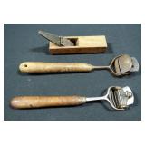 Vintage Stanley Wood Handled Box Scrapers Qty. 2 And Small Hand Held Wood Box Plane
