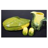 Corn Themed Ceramic Pitcher, Dish, And Salt And Pepper Shakers