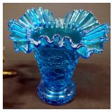 Blue Crackle Glass Vase 8" Diameter Around Rim 8.5" Tall, And Glass Decor Bowl With Metal Vine Stand